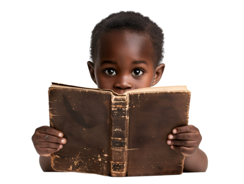 Black kid reading a book die cut PNG style isolated on white and transparent background