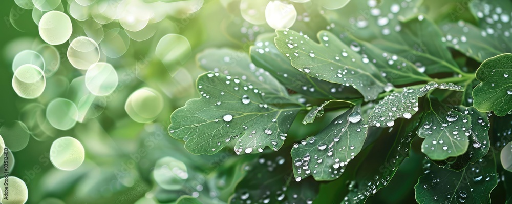 Aufkleber Close-up of fresh green leaves with dew drops on a soft focus background. Nature inspired image with sunlight and bokeh effect.