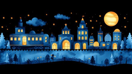 Digital art moon with the scenery digital art digital art with moon shining in night scene illustration, night view with colorful cool bluish effect and clouds with dark sky through foggy, 