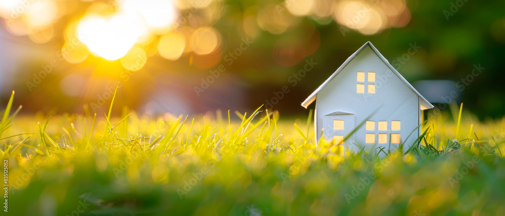 Poster a miniature house in a field of green grass with the warm glow of sunlight in the background, symbol
