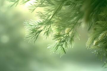 Obraz premium Close-up of delicate green foliage with soft background light, creating a serene and natural ambiance perfect for nature-themed designs.