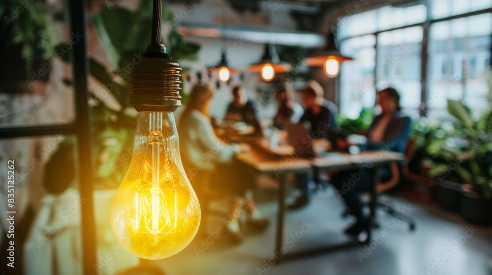 Poster a glowing light bulb with a group of people in the blurry background, symbolizing brainstorming or i