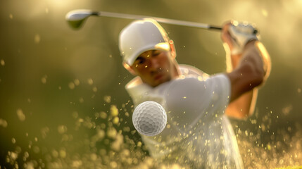 Close-up on a golf ball flying with a pro golfer on the background