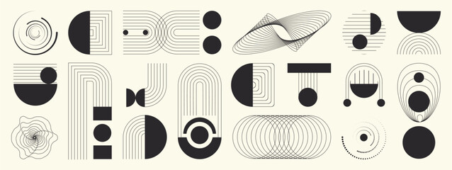 Hand drawn abstract minimal element mid century vector set. Aesthetic contemporary stripe line art, geometric shape in monochrome, black and white. Art form design for wall art, decoration, wallpaper.