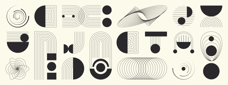 Hand drawn abstract minimal element mid century vector set. Aesthetic contemporary stripe line art, geometric shape in monochrome, black and white. Art form design for wall art, decoration, wallpaper.