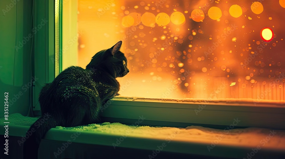 Poster a cat gazes out a window as snow falls and city lights glow warmly in the background, creating a coz