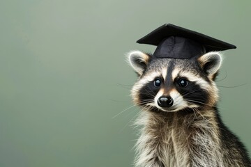 Concept of Education, Achievement, and Success Depicted by a Raccoon Wearing Glasses and a Graduation Cap on a Moss Green Solid Background