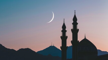 Islamic temple against background of night sky. Islamic silhouette of mosques against dusk sky twilight with crescent moon over the mountains, highlighting the serene and spiritual essence of Islam