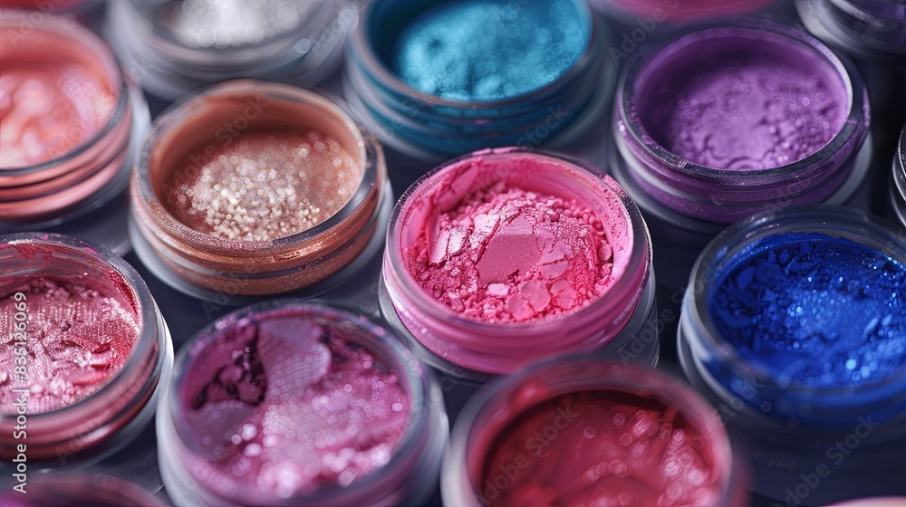 Poster close-up of colorful makeup pigments and powders in small jars. generative ai