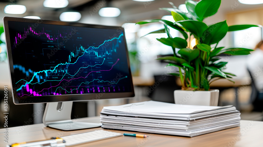Poster stock market graph on a computer monitor, office setting, blurred background, concept of financial a