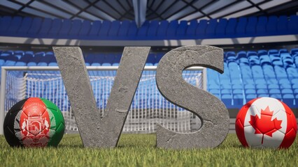 A soccer match between Afghanistan and Canada is symbolized by two soccer balls with their national...