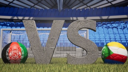 A soccer match between Afghanistan and Comoros is symbolized by two soccer balls with their...