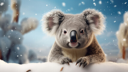 Adorable koala exploring a snowy winter forest
