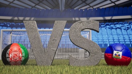 A soccer match between Afghanistan and Haiti is symbolized by two soccer balls with their national...