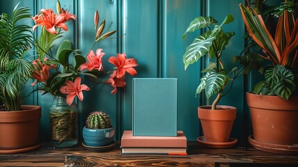 Teal Wall Decorated With Indoor Plants and Books
