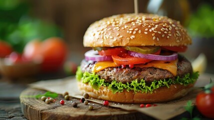 A mouth-watering cheeseburger with lettuce, tomatoes, pickles, onions, and cheese on a sesame seed bun.
