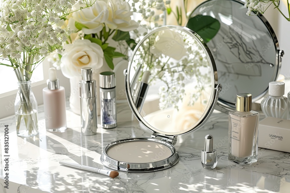 Poster a vanity table with an open tabletop mirror reflecting beautiful flowers, surrounded by various cosm