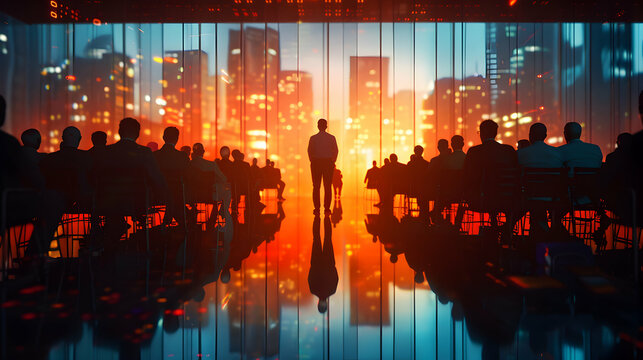 Photo realistic CEO with financials: A transparent blend of company data  leadership during townhall for corporate  business ads - Powered by Adobe