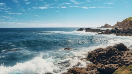 Breathtaking View of Crashing Waves on Rocky Coastline Under Clear Sky
