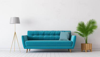 Blue velvet sofa in a white room with a gray lamp and a potted palm tree