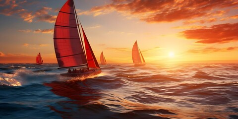 Vibrant red sailboats racing in the ocean attracting tourists with thrilling team events. Concept Boat Racing, Tourist Attractions, Ocean Adventure, Team Events, Vibrant Sailboats