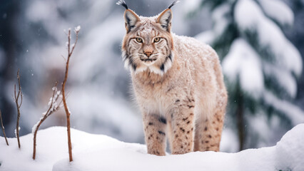 Majestic lynx resting in a snowy winter forest

