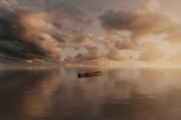 single wooden boat floats on reflecting sea. 3D Rendering