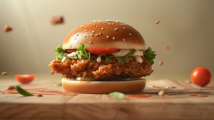 Craft a photorealistic digital illustration of a succulent mayo chicken burger from a rear angle