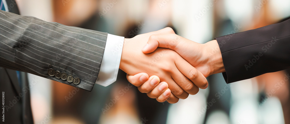 Poster two people in business attire shaking hands, close-up on a blurred background, concept of agreement.