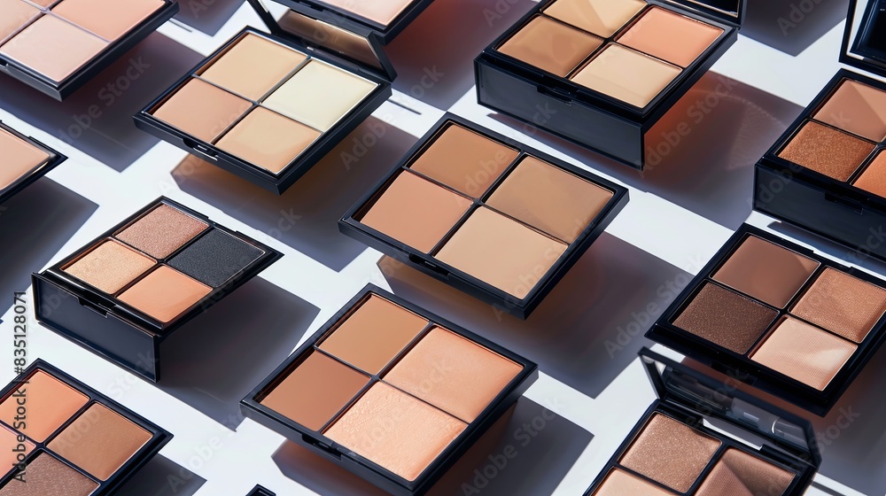 Poster a flat lay of multiple contouring palettes and highlighters, showcasing warm, natural tones in a nea