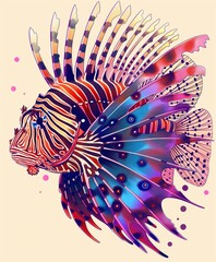 Vibrant lionfish with striking patterns and fins in a deep ocean scene.