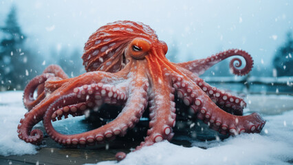 Naklejka premium Majestic Octopus in Winter Snow with Underwater Background 