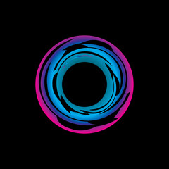 Glowing neon color circle round curve shape with wavy dynamic lines isolated on black background technology concept. Circular light frame border. Light ring background. For badges, price tags, etc.