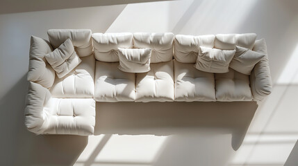 Design a captivating image of a stylish sofa in an aerial perspective Highlight the elegance of the furniture with soft shadows