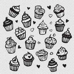 Cupcake doodle design set, black vector illustrations on transparent background