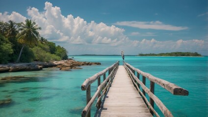 Obraz premium Beautiful tropical landscape with turquoise ocean with blue sky and light clouds on summer day Long bridge to island In foreground is lonely heron Clear water and soothing nature.