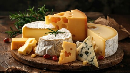 A rustic arrangement of various cheeses on a wooden board with rosemary and cranberries.
