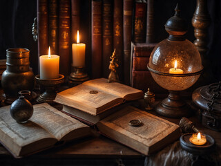 A room of ancient books, mysterious potions, and magical artifacts