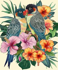Two lovebirds snuggling on a branch surrounded by vibrant tropical flowers and foliage.