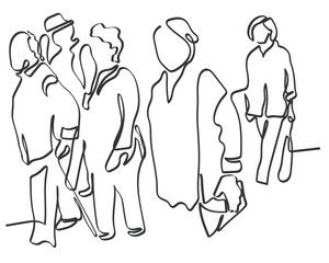 Hand drawn continuous line art vector of elderly walking. Minimal doodle of old person concept.