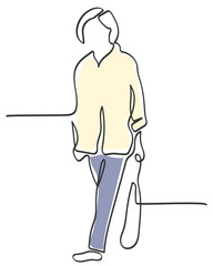 Obraz premium Hand drawn continuous line art vector of elderly walking. Minimal doodle of old person concept.