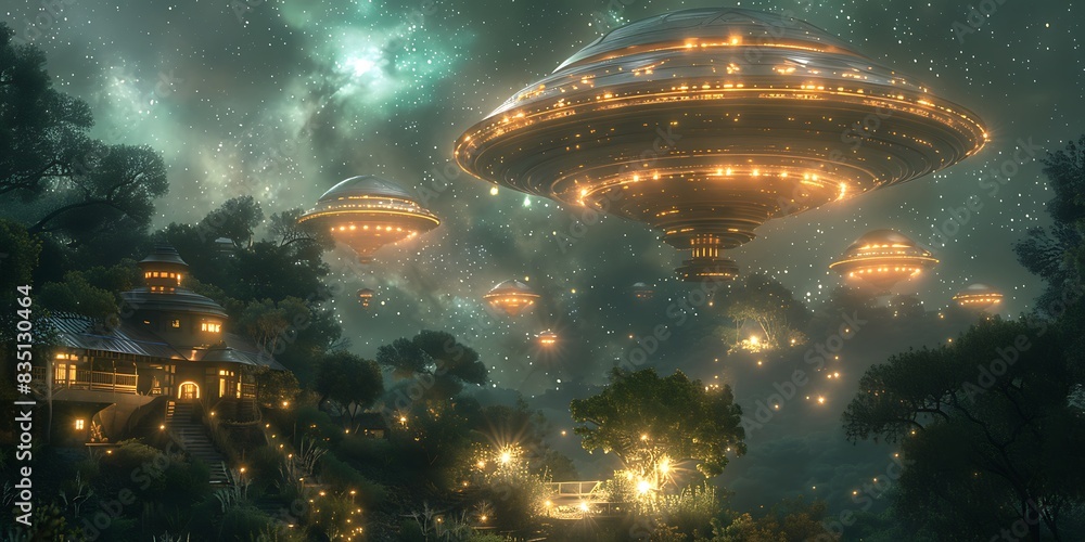 Poster serene night scene of cosmic visitor descending ufo star distant galaxy illuminating background extr