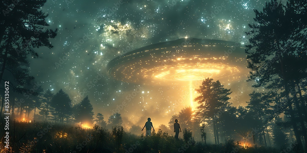 Poster serene night scene of cosmic visitor descending ufo star distant galaxy illuminating background extr