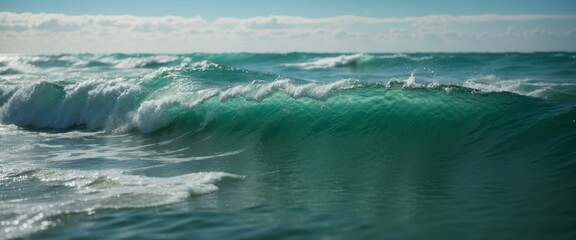 Fototapeta premium Beautiful natural texture of rolling sea waves surf with white foam and clear water with turquoise and green hues.