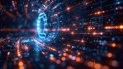 Fototapeta premium Cybersecurity visual: matrix of code with a digital lock. 
