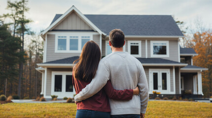 Young couple hugging looking at their newly purchased home, real estate concept, suburban home, new house property, buying and investing in their dream home, purchase hd