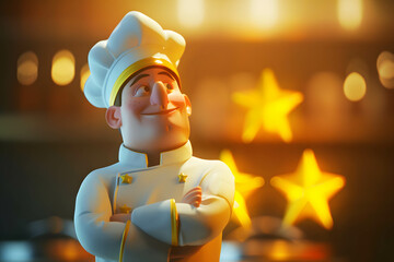 Restaurant and food rating review concept, yellow star and chef behind, feedback and review scores from customers come to use the service, success in business