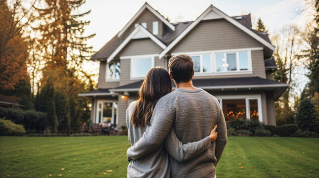 Young couple hugging looking at their newly purchased home, real estate concept, suburban home, new house property, buying and investing in their dream home, purchase hd