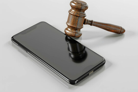Smartphone and judgment hammer beside, judgment of crimes online concept, protection and protection of cyber victims, social and online threats and dangers