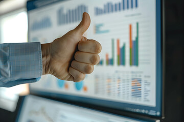 A hand showing a thumbs up with financial data and statistics in the background, financial and investment growth, profit and return from business